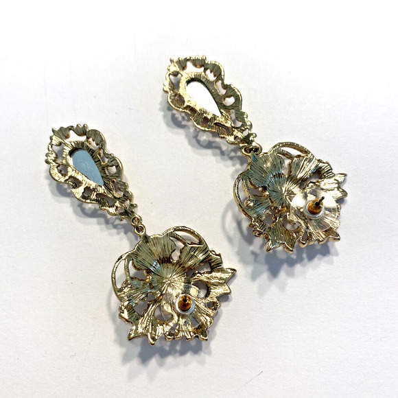 Vintage Inspired Pierced Earrings Gold Statement Drop Dangle Pink Rhinestones - Picture 3 of 7